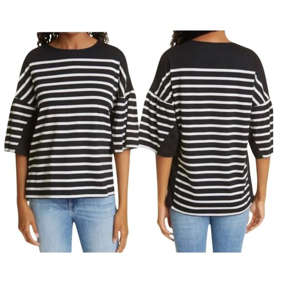 La Ligne Short Sleeve Striped Step Hem Cotton Puff Sleeve Top Medium - Picture 1 of 7